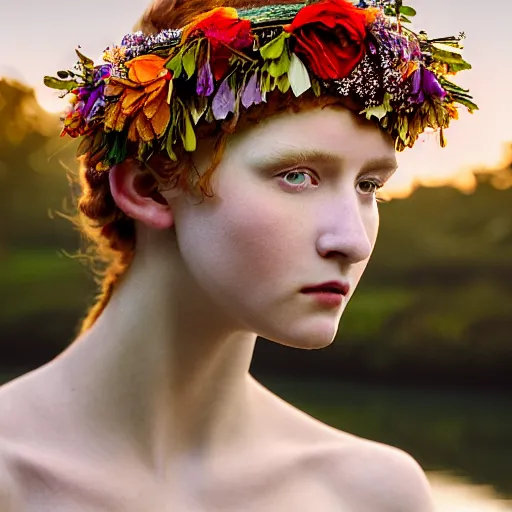 Prompt: photographic portrait of a stunningly beautiful english renaissance female dressed in fractal and flower head wreath, in soft dreamy light at sunset, beside the river, soft focus, contemporary fashion shoot, hasselblad nikon, in a denis villeneuve movie, by edward robert hughes, annie leibovitz and steve mccurry, david lazar, jimmy nelsson, hyperrealistic, perfect face