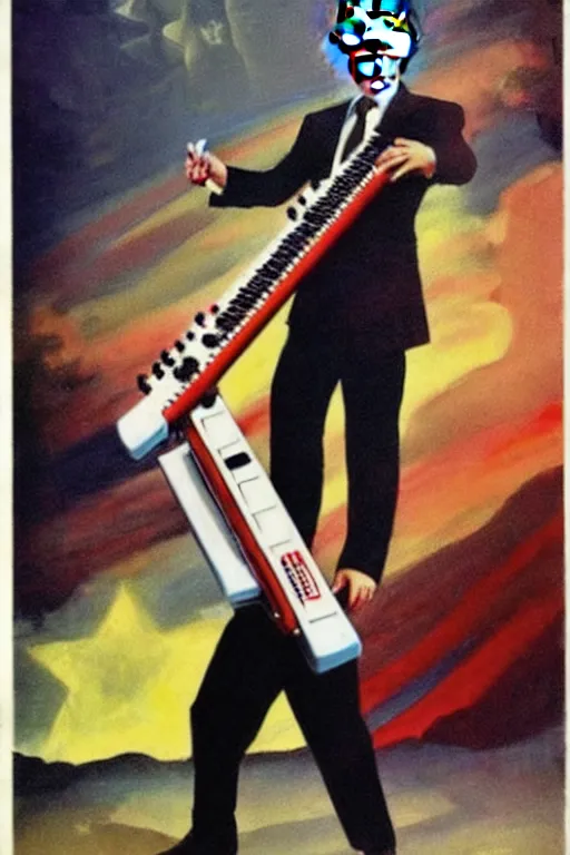 Image similar to Vladimur Putin rocking the Keytar in the style of Frank Frazetta