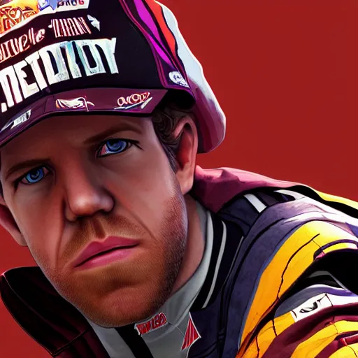 Image similar to formula 1 driver sebastian vettel portrait, borderlands, tales from the borderlands, the wolf among us, comic, cinematic lighting, studio quality, 8 k