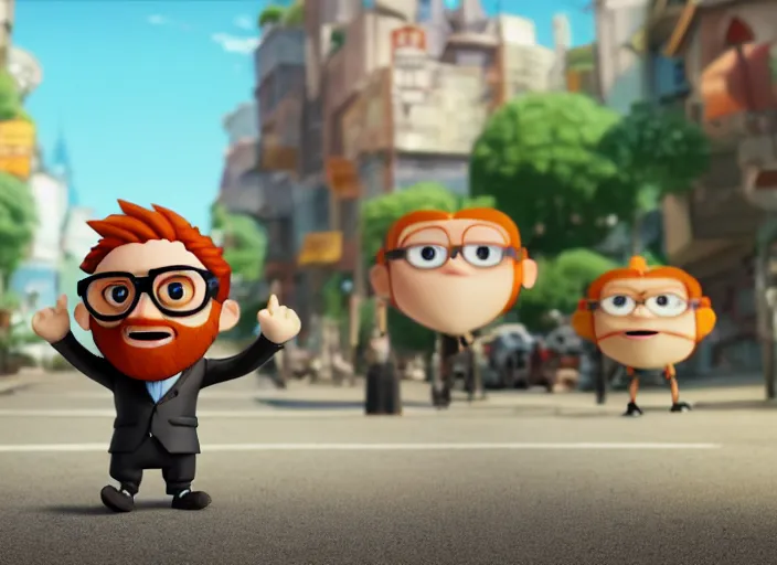 Prompt: bearded ginger man with glasses as nendoroid, wearing a suit, walking on a street in the croods movie style, anime, disney, pixar, 8 k, hd, dof, kodak film, volumetric lighting, subsurface scattering, photorealistic, octane render, details
