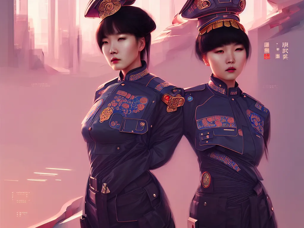 Image similar to portrait futuristic china police uniform female, at future neon light rooftop, ssci - fi and fantasy, intricate and very very beautiful and elegant, highly detailed, digital painting, artstation, concept art, smooth and sharp focus, illustration, art by tan zi and ayanamikodon and alphonse mucha and wlop