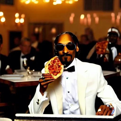 Image similar to photograph of snoop dogg in a white tuxedo eating pizza