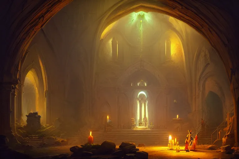 Image similar to Detailed Interior of Monastery Ruins, Waterfall walls, light of god, light shafts, candles, stunning atmosphere, in Style of Peter Mohrbacher, cinematic lighting, masterpiece