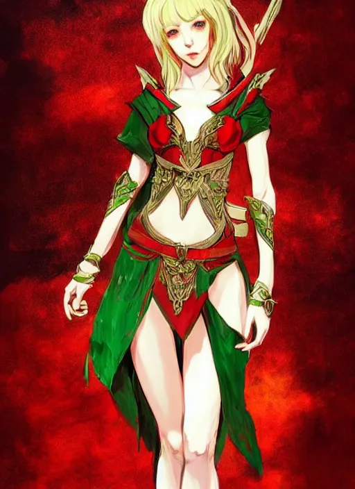 Prompt: Full body portrait of a beautiful young blonde short haired elven princess wearing red, green and gold priest robe. In style of Yoji Shinkawa and Hyung-tae Kim, trending on ArtStation, dark fantasy, great composition, concept art, highly detailed.