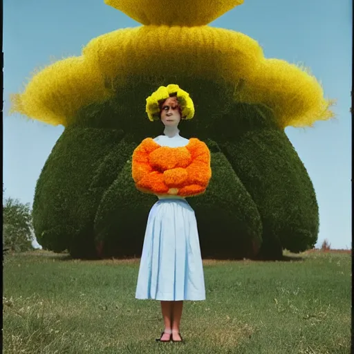 Image similar to giant flower head, full body, girl standing by 1 9 6 0 house, surreal photography, symmetry, mid century, flat light, bright colours, blue sky, realistic, wes anderson