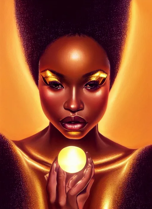 Image similar to a gorgeous black woman oil painting, soft lighting, wearing shiny gold catsuit, illuminated only by floating, glowing alien symbols, realistic, smooth face, perfect eyes, wide angle, sharp focus on eyes, 8 k high definition, insanely detailed, intricate, elegant, art by artgerm, livia prima and wlop