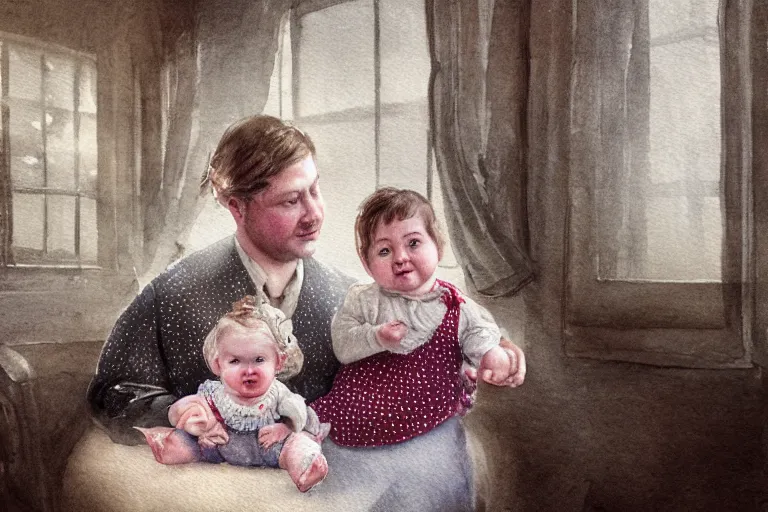 Image similar to charming and chubby parents and their very fat baby girl, wearing a polka dot cloths and a victorian - style hairdo, sits in the large and bright studio. sunlight enters through the barred window. delicate watercolor and pencil on canvas. beautiful lighting, 4 k post - processing, highly detailed, 5 k extremely detailed, 3 d. cinematic scene.