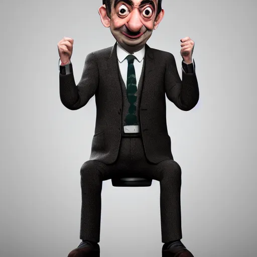 Image similar to Mr Bean in a 3D Animated Mr Bean film animated by Illumination, portrait, photograph, realistic, hyperrealistic, highly detailed, very detailed, extremely detailed, detailed, digital art, trending on artstation