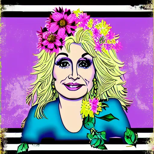 Prompt: flower child, Dolly Parton, graphic design