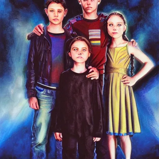 Image similar to four siblings standing together, airbrush art, drew struzan illustration art, key art, portrait