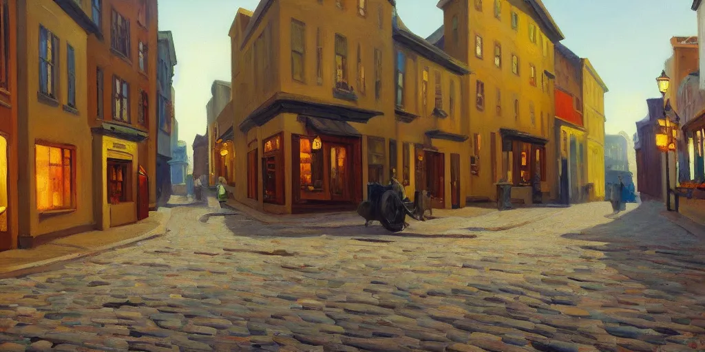 Image similar to a beautiful oil painting of a steampunk city cobblestone streets, painted by Edward Hopper, colorful, 4k,Trending on artstation