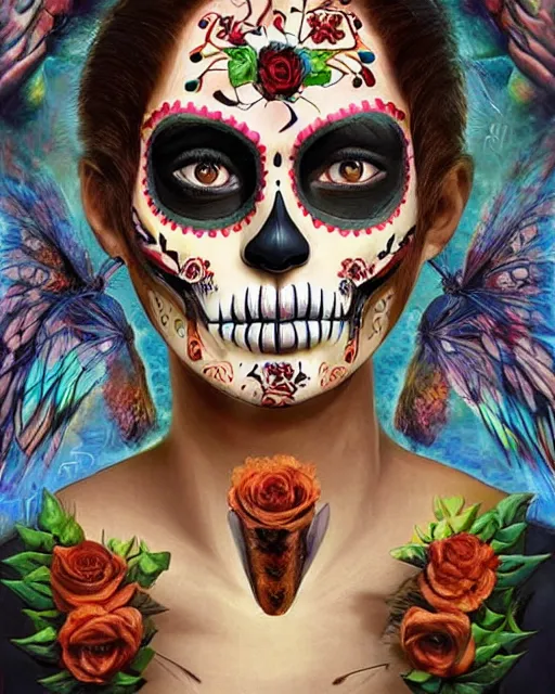 Prompt: dia de los muertos theme surrealist art in the styles of igor morski, jim warren, and a tim burton film, intricate, hyperrealistic, accurate facial details, profile picture with chromakey!!!!! background, volumetric lighting