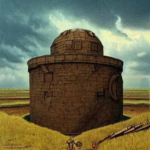 Image similar to pillbox paragonpunk fortress half-sunk in a radioactive Swamp, by Colleen Doran and by Angus McBride and by Ted Nasmith, low angle dimetric rendering, centered, 1-point perspective