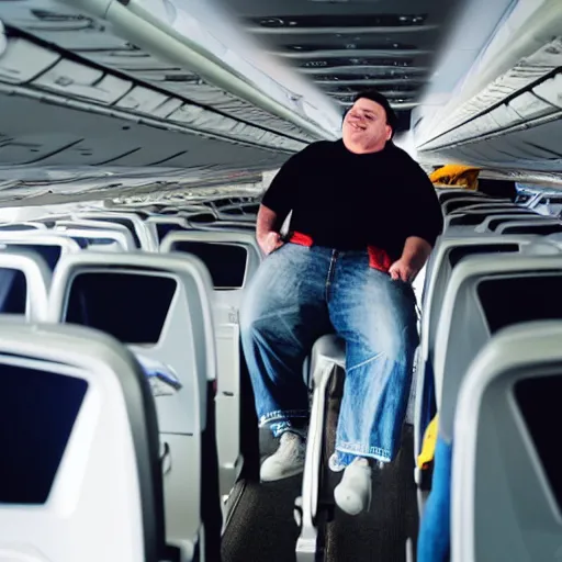 Image similar to a big fat man riding on an airplane who needs to use several seats because he can't fit into one, photography