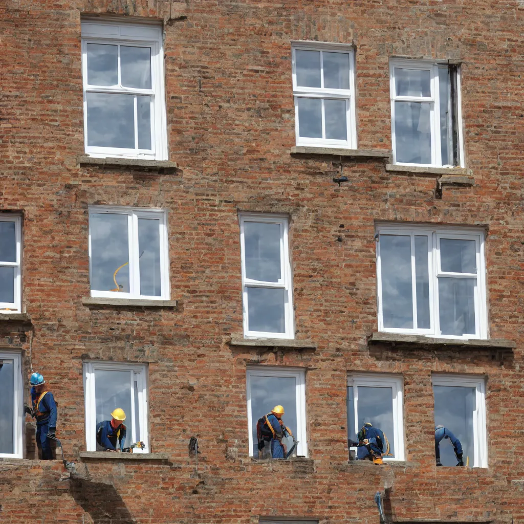 Image similar to many builders inspecting and discussing sash window