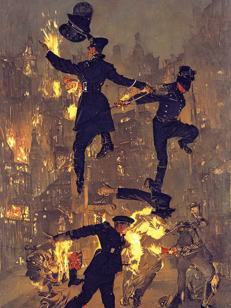 Prompt: spring heeled jack belches blue flame into the face of a victorian policeman on the nighttime streets of London, norman rockwell, jim beckner, michael alford