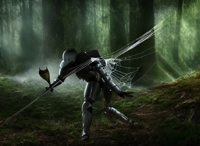 Image similar to knight fights off a crystal clear spider in a forest. highly detailed 8 k. intricate. lifelike. soft light. fantasy horror style. cinematic post - processing