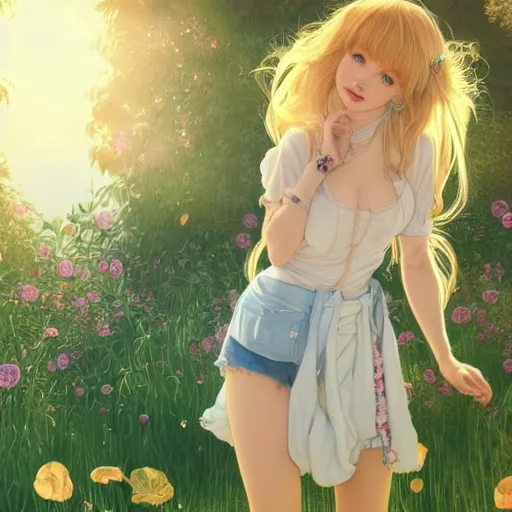 Image similar to A playful young woman with blonde long hair and bangs in shorts and a white blouse and Totoro drawn by Zeronis and Luis Royo and Robert McGinnis and alphonse mucha, background by James Jean and gustav klimt, 4k, sunny day, volumetric lighting, french nouveau, trending on artstation, octane render, hyperrealistic