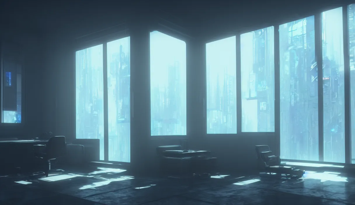 Image similar to a cyberpunk minimalistic room with small windows, dramatic lighting, hyper realistic, photography, 3 5 mm, kodak film, 8 k, octane render, unreal engine render, concept art, volumetric lighting, foggy