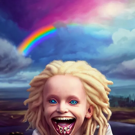 Image similar to An epic fantasy comic book style portrait painting of an adorable little albino girl with blonde dreads eating ice cream, smiling, sitting on top of a rainbow, atmospheric fantasy setting, unreal 5, DAZ, hyperrealistic, octane render, RPG portrait, ambient light, dynamic lighting