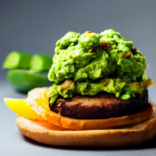 Image similar to juicy vegan hamburger topped with guacamole, fried onion and a vegan fried egg, crispy buns, 8 k resolution, professional food photography, studio lighting, sharp focus, hyper - detailed