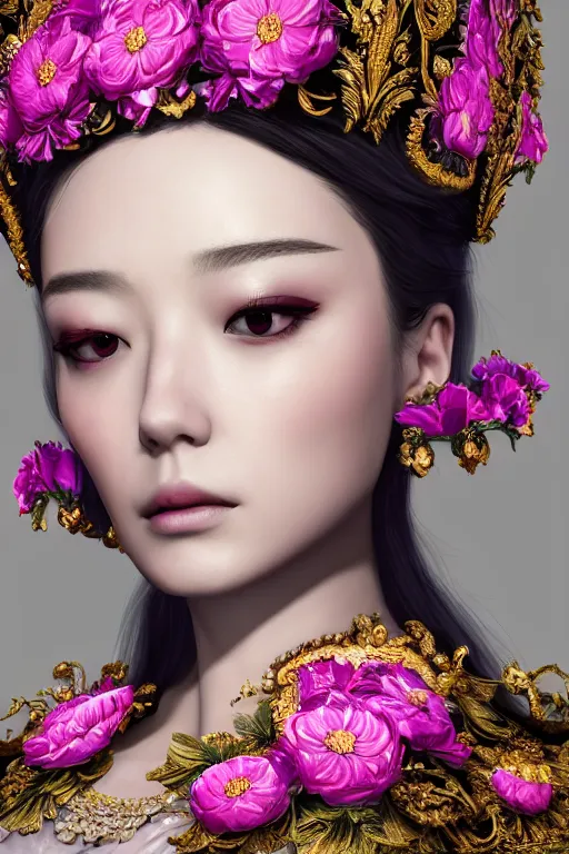 Image similar to a beautiful empress portrait, with a brilliant, impossible striking big flower headpiece, clothes entirely made out of flowers, symmetrical, dramatic studio lighting, beauty dish, rococo, baroque, jewels, asian, hyperrealism, closeup, D&D, fantasy, intricate, elegant, highly detailed, digital painting, artstation, octane render, 8k, concept art, matte, sharp focus, illustration, art by Artgerm and Greg Rutkowski and Alphonse Mucha