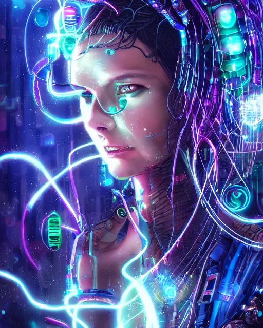 Image similar to a cyberpunk close up portrait of enchanting cyborg medusa, electricity, rainbow, snakes in hair, sparks, bokeh, soft focus, sparkling, glisten, water drops, cold, dark, geometric, temples behind her, by paul lehr, jesper ejsing