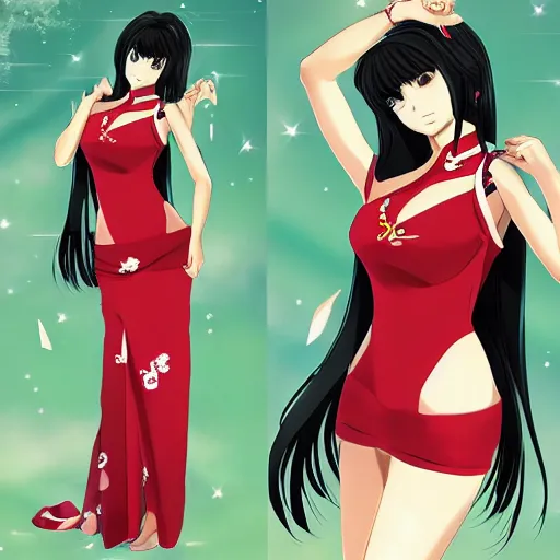 Image similar to a beautiful anime woman with long black hair, wearing a red cheongsam, full body art by Steve Argyle