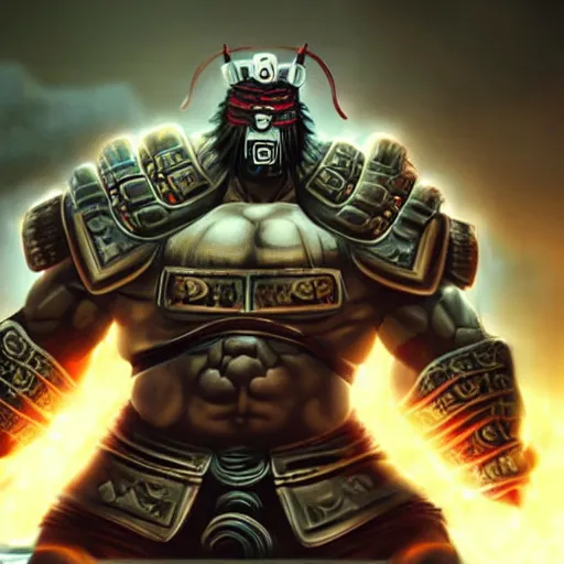 Image similar to very big, very buff, very strong, very muscular huge samurai wearing a oni mask. Cybernetic, cyberpunk, cyber cyber cyberpunk, cyber. movie still hd