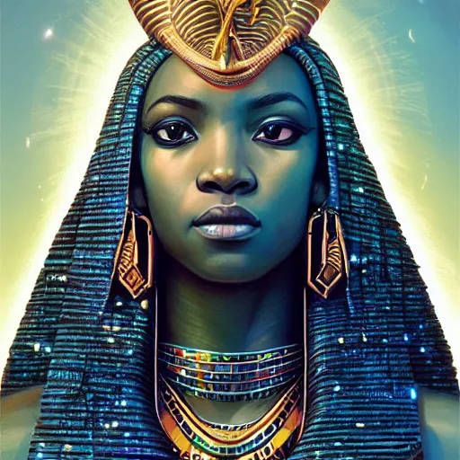 Image similar to highly detailed portrait of an african egyptian goddess, intricate alien technology, stephen bliss, unreal engine, fantasy art by greg rutkowski, loish, rhads, ferdinand knab, makoto shinkai and lois van baarle, ilya kuvshinov, rossdraws, tom bagshaw, global illumination, radiant light, detailed and intricate environment