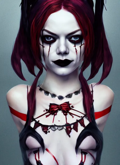 Image similar to dark goth gothic autumn portrait of emma stone as harley quinn, pretty face, hyper detailed, digital art, cinematic lighting, studio quality, smooth render, unreal engine 5, octane rendered, art style by klimt and nixeu and ian sprigger and krenz cushart.