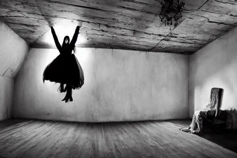 Image similar to levitating goth woman in the attic, demonic magic ritual by Emmanuel Lubezki