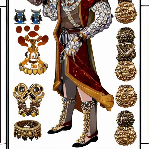 Prompt: a character model sheet of a noble king wearing excessive jewelry in a tasteful way