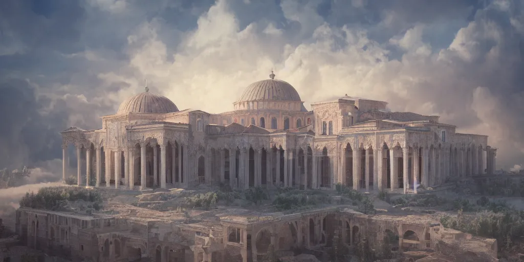 Image similar to beautiful digital illustration of a Byzantine palace in a sea of clouds, fluffy pastel clouds, establishing shot, cinematic, architecture, concept art, deviantArt, artsation, artstation HQ, HD, 16k resolution, smooth, sharp detail, amazing depth, octane, finalRender, Unreal Engine