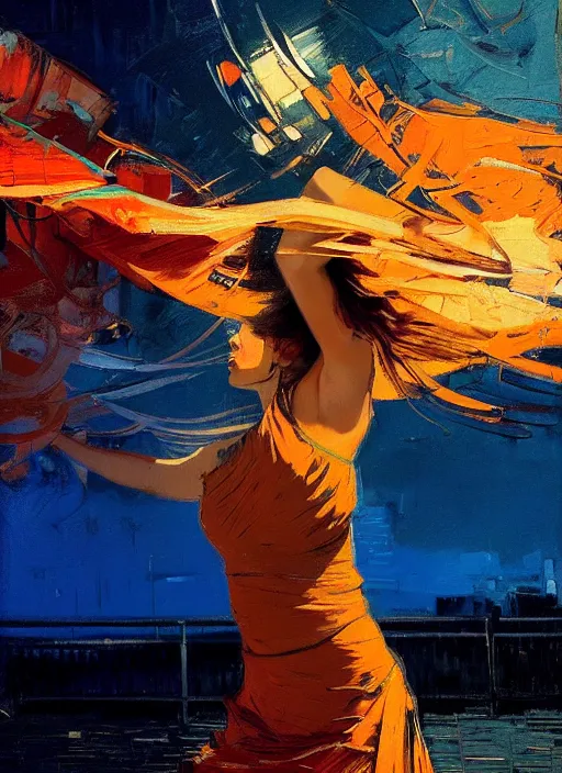 Image similar to portrait of beautiful girl, dancing, ecstatic, ibiza night club, sunset, shades of orange and blue, beautiful face, rule of thirds, intricate outfit, spotlight, by greg rutkowski, by jeremy mann, by francoise nielly, by van gogh, digital painting