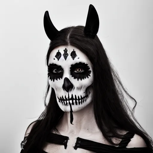 Image similar to a photo of young woman with horse face, gothic style, skulls are lying underneath