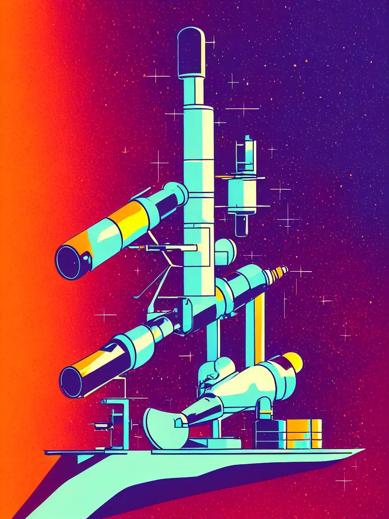 Image similar to editorial illustration scientific lab test tube telescope microscope spaceship, fine texture, dynamic composition, detailed, matte print, dynamic perspective, halftone texture, colorful modern, mads berg