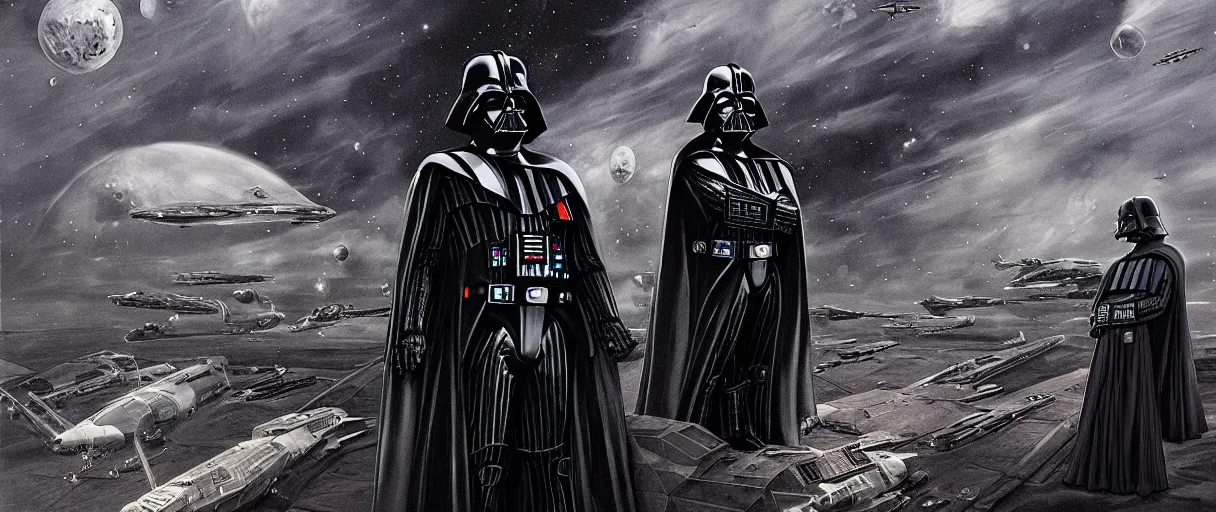 Prompt: darth vader overlooking his fleet of spaceships by stephen king, misty, moody