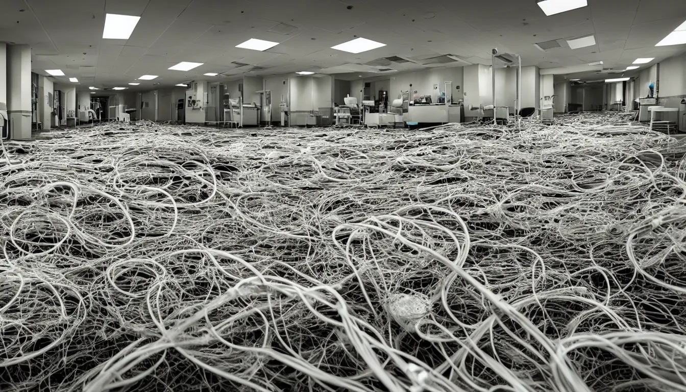 Prompt: Hospital ward floor scattered with hundreds of fish skeletons , decimated barren rooms littered with emerging wires and cables that grow like plants , full colour , upscale , 4k