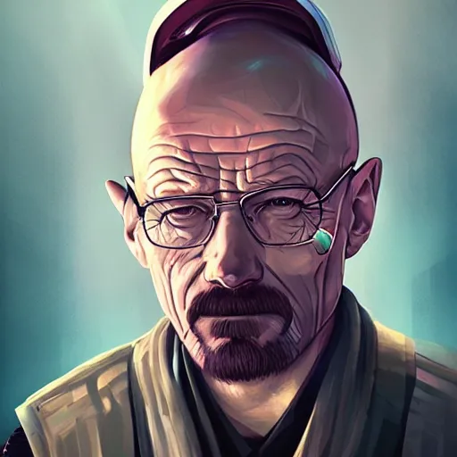 Image similar to high quality illustration, walter white realistic portrait, cyberpunk colors, vaporwave, retro, neotrad, lois van baarle, moebius, league of legend, digital painting, james jean