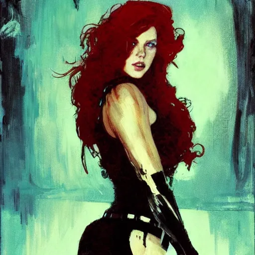 Image similar to jesus as black widow, intricate, elegant, highly detailed, greg manchess, mucha, liepke, ruan jia, jeffrey catherine jones, ridley scott