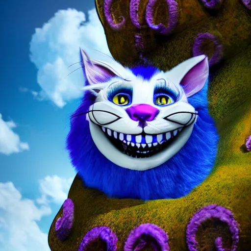 Image similar to the Cheshire cat smiling from a cloud he's sitting on in the sky high level of detail 8k style of LUKE BROWN