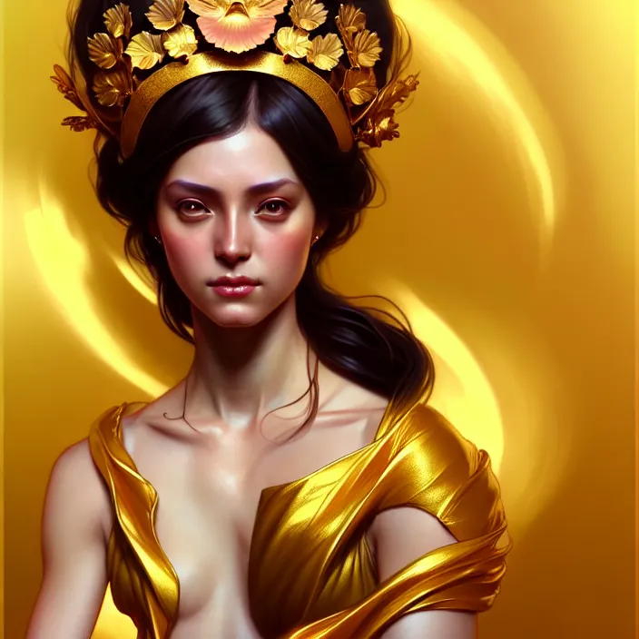 Image similar to beautiful digital painting of a goddes stylish female with high detail, real life skin, gold colors, 8 k, stunning detail, works by artgerm, greg rutkowski and alphonse mucha, unreal engine 5, 4 k uhd