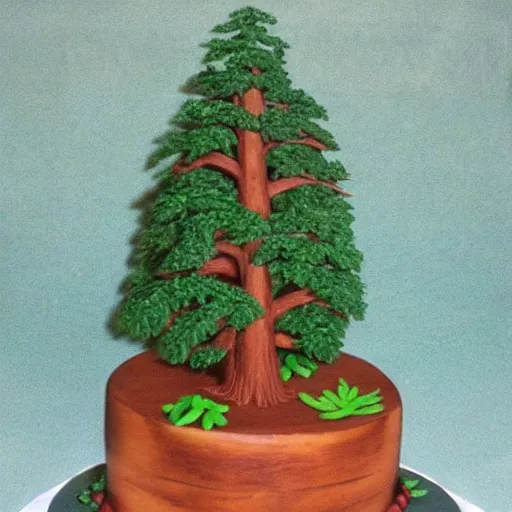 Prompt: Birthday cake with Cedar tree in background, detailed, exciting