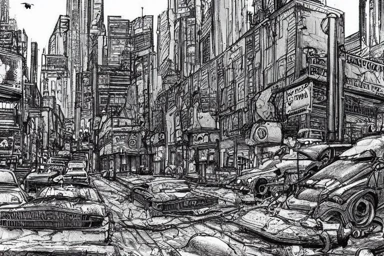 Image similar to a drawing of a post apocalyptic city street by Moebius