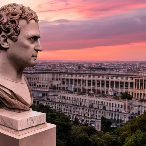 Image similar to A marble stature of Emmanuel Macron, hyper-realistic, 8K HDR, sunset.