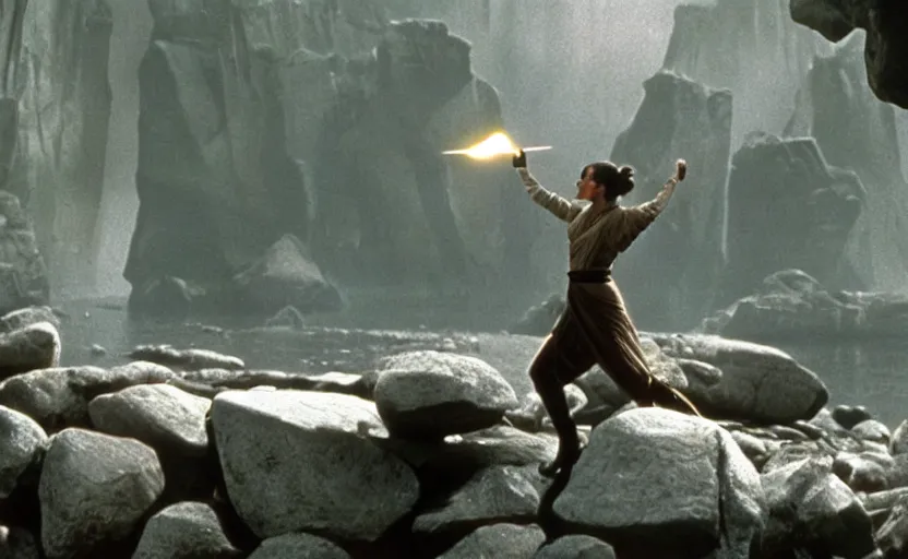 Image similar to portrait shot of Princess Leia lifting floating rocks outside a Jedi Temple scene from The Lost Jedi, 1970s film by Stanley Kubrick, serene, iconic scene, perfect shot of Carrie Fischer, stunning cinematography, hyper-detailed, sharp, anamorphic lenses, kodak color film, 4k