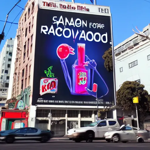 Image similar to bill board in san francisco advertising radioactive kool aid, artstation