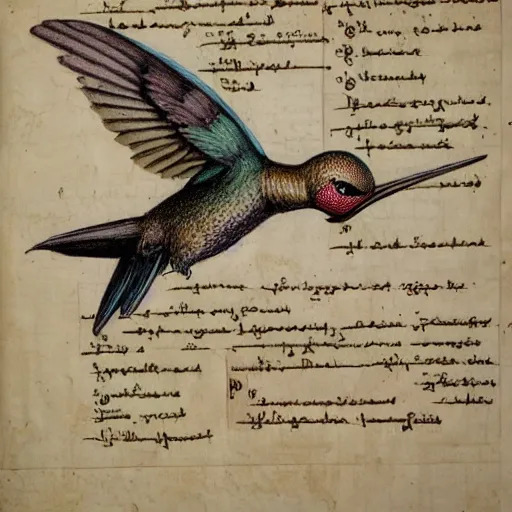 Prompt: full page scan of 1400s detailed hummingbird concept art, architectural section, plan drawing, page, paper, parchment, papyrus, fantasy, horror, occult, diagram, informative texts, graphs, notes, scribbles, hummingbird bird anatomy anatomical, blur