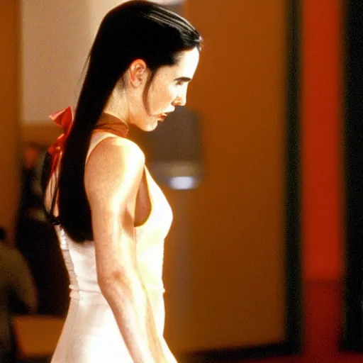 Prompt: Jennifer Connelly with a red dress in American Psycho (1999)